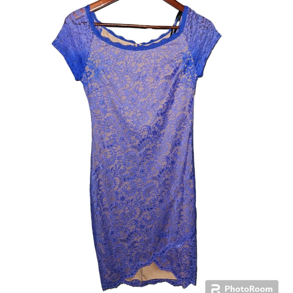 Bisou Bisou Royal Nude Purple Blue Lace Overlay Cream Lined Cocktail Dress 8